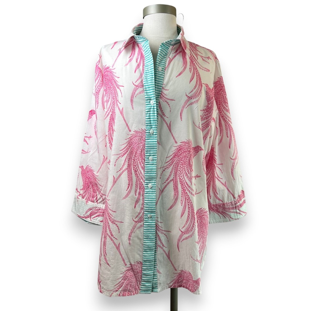 Gretchen Scott Phoenix Bird Button Down Shirt Womens XL Pink White Coastal Chic